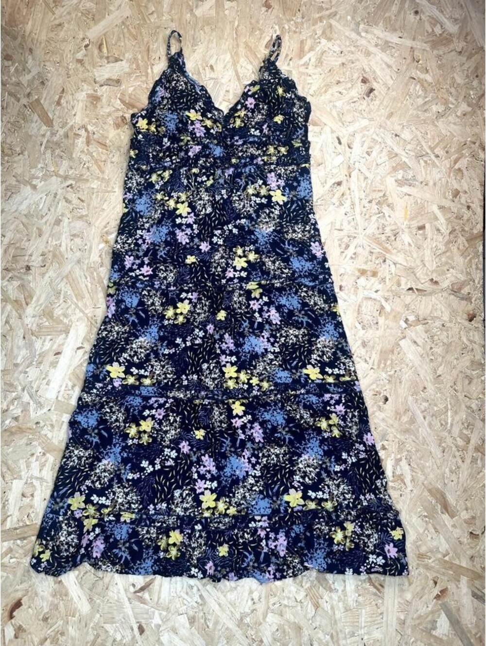 Lanyg Floral Maxi Dress Womens XL Navy Blue Yellow Tiered Smocked Back Boho